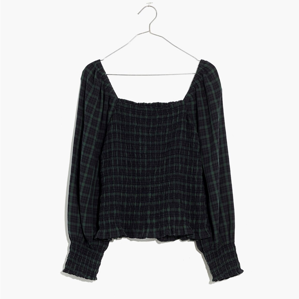 Madewell Lucie Bubble-Sleeve Smocked Top in Plaid